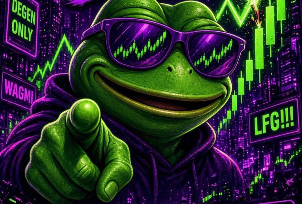 The degen frog in purple chart sunglasses and a hoodie, pointing at you, with neon DEGEN ONLY and LFG signs behind him
