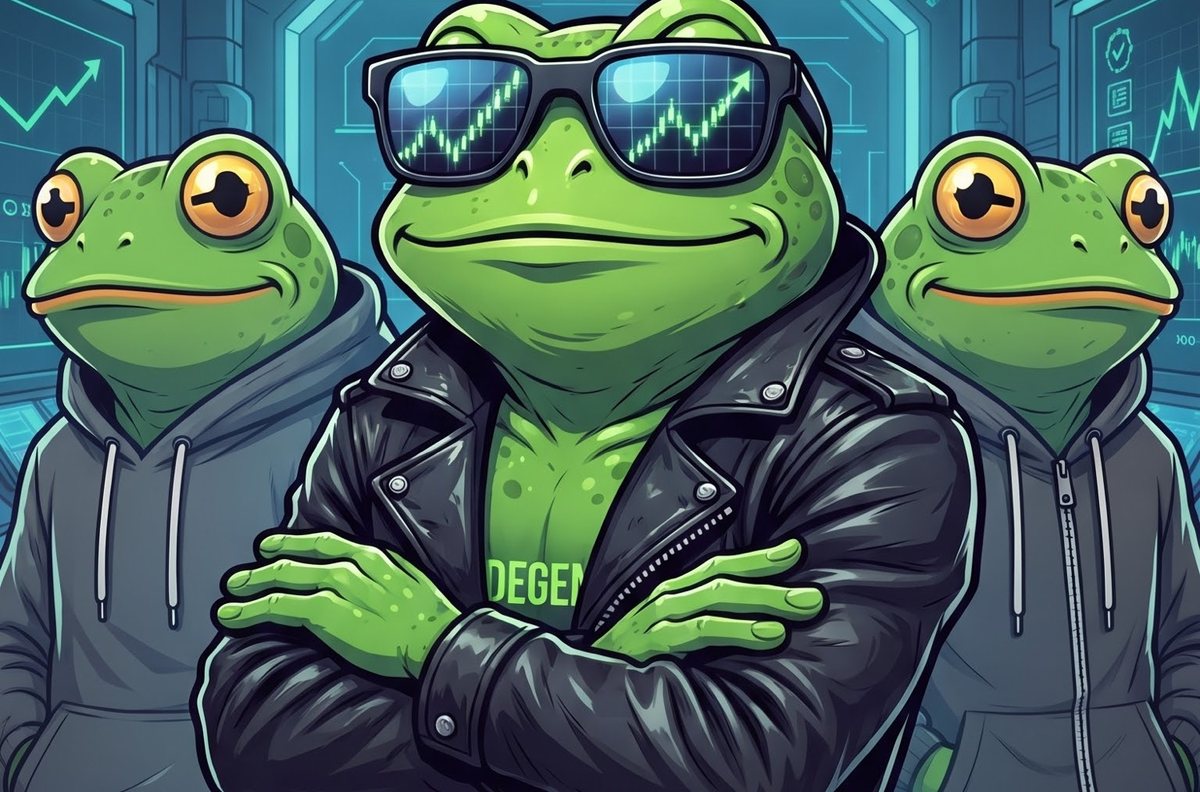 The DegenFrog in a black leather jacket with arms crossed, chart sunglasses on, two frens in hoodies behind him inside the Degen Den