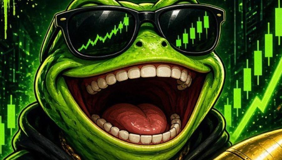 The DegenFrog laughing in black chart sunglasses with green candles behind him