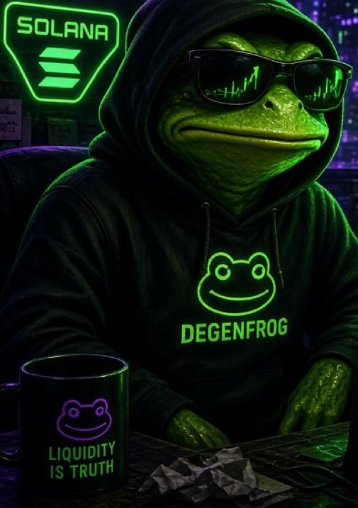 The DegenFrog in a black hoodie and chart sunglasses at his desk at night, a Solana sign glowing behind him
