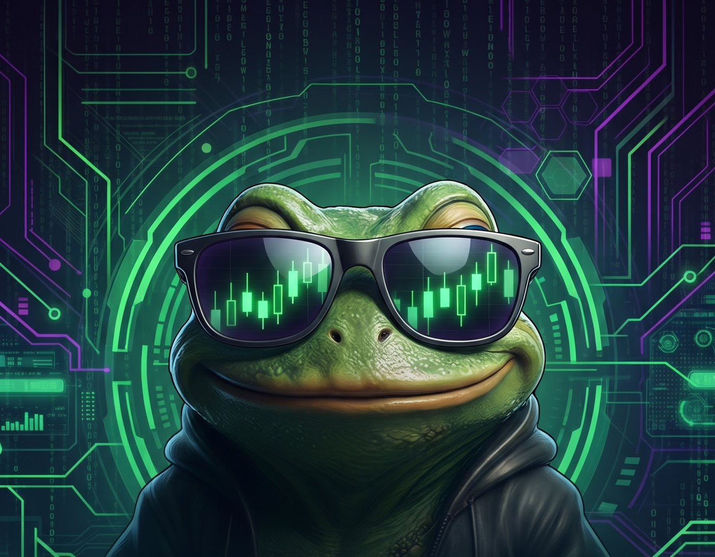The DegenFrog with green candlestick charts reflected in his sunglasses